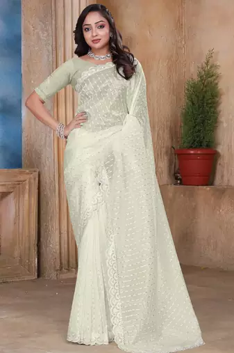 Cream sequin zari resham embroidered saree with matching blouse piece