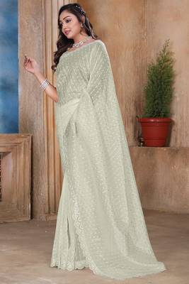 Cream sequin zari resham embroidered saree with matching blouse piece 3