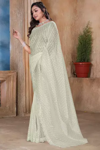 Cream sequin zari resham embroidered saree with matching blouse piece