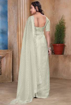 Cream sequin zari resham embroidered saree with matching blouse piece 4