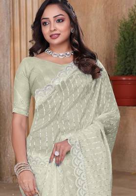 Cream sequin zari resham embroidered saree with matching blouse piece 5