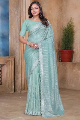 Sky blue sequin zari resham embroidered saree with matching blouse piece 1