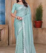 Sky blue sequin zari resham embroidered saree with matching blouse piece