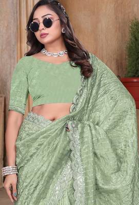 Green sequin zari resham embroidered saree with matching blouse piece 5