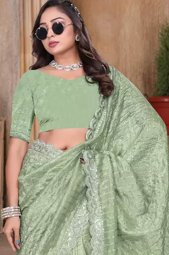 Green sequin zari resham embroidered saree with matching blouse piece