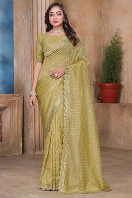 Mustard sequin zari resham embroidered saree with matching blouse piece 1