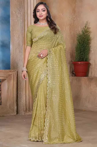 Mustard sequin zari resham embroidered saree with matching blouse piece