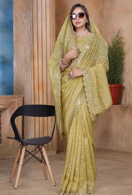 Mustard sequin zari resham embroidered saree with matching blouse piece 2