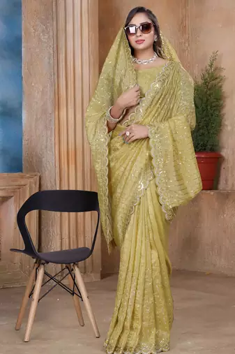 Mustard sequin zari resham embroidered saree with matching blouse piece