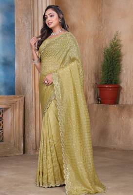 Mustard sequin zari resham embroidered saree with matching blouse piece 3