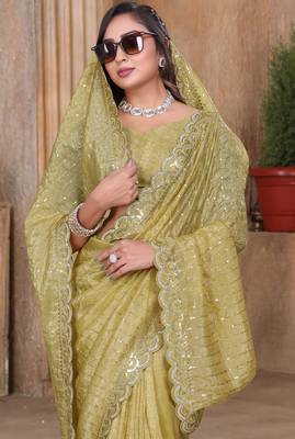 Mustard sequin zari resham embroidered saree with matching blouse piece 5