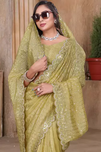 Mustard sequin zari resham embroidered saree with matching blouse piece
