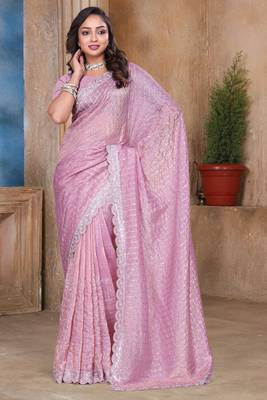 Pink sequin zari resham embroidered saree with matching blouse piece 1