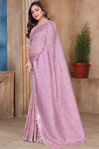 Pink sequin zari resham embroidered saree with matching blouse piece