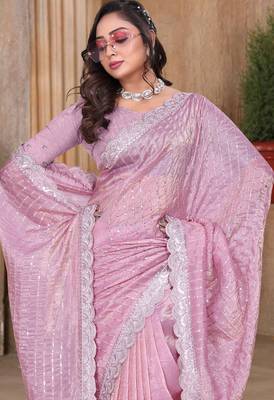 Pink sequin zari resham embroidered saree with matching blouse piece 5