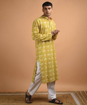 Yellow floral printed cotton  kurta 1