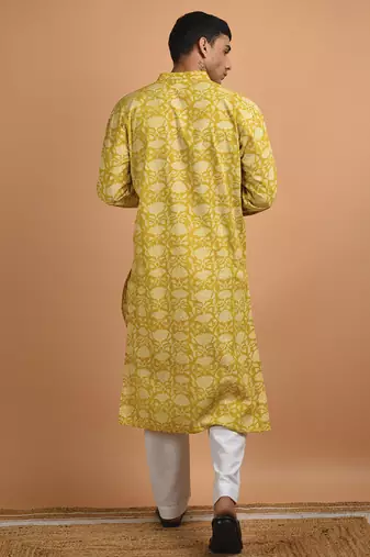 Yellow floral printed cotton  kurta