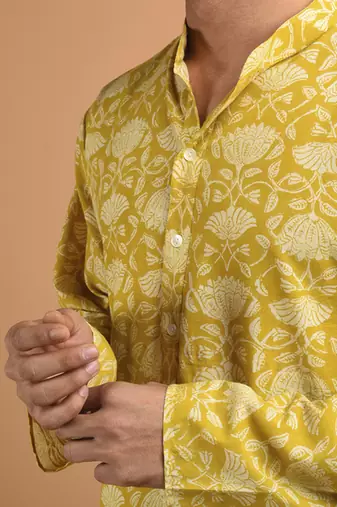 Yellow floral printed cotton  kurta