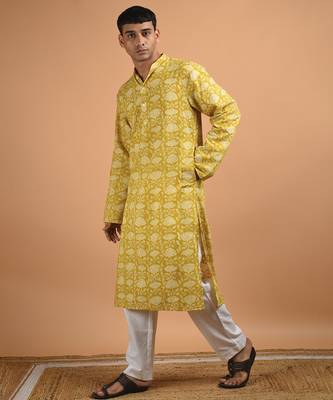 Yellow floral printed cotton  kurta 4