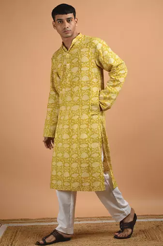 Yellow floral printed cotton  kurta