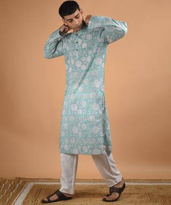 Blue floral printed cotton  kurta 1