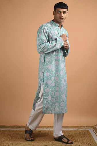 Blue floral printed cotton  kurta
