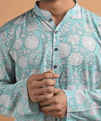 Blue floral printed cotton  kurta 4