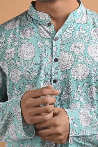 Blue floral printed cotton  kurta