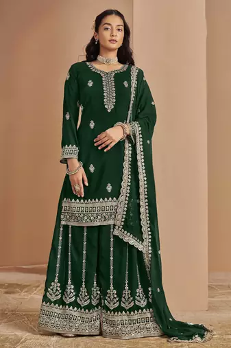 Purple faux georgette embroidery with sequins work top-palazzo with dupatta Full Stitched Free Size