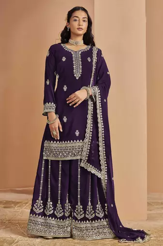Navy blue faux georgette embroidery with sequins work top-palazzo with dupatta Full Stitched Free Size