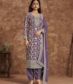Purple dola silk jacquard with thread embroidery sequins work salwar kameez Full Stitched Free Size