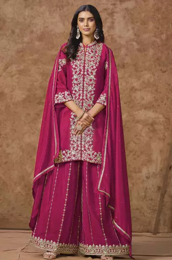 Teal chinon embroidery with sequins work top-palazzo with dupatta Full Stitched Free Size
