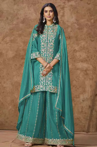 Violet chinon embroidery with sequins work top-palazzo with dupatta Full Stitched Free Size