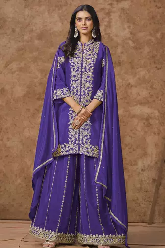 Mustard chinon embroidery with sequins work top-palazzo with dupatta Full Stitched Free Size