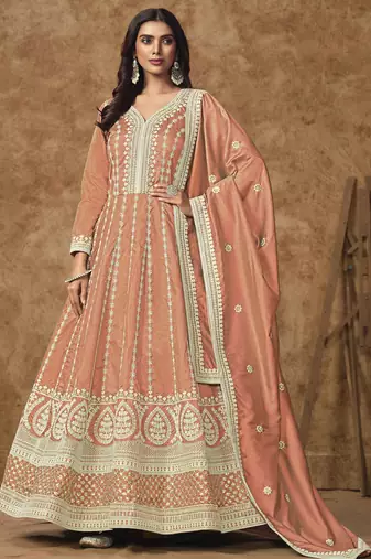 Sea green dola silk embroidery with sequins work gown with dupatta Full Stitched Free Size