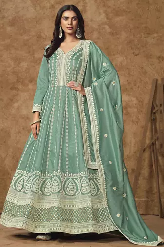 Light green dola silk embroidery with sequins work gown with dupatta Full Stitched Free Size