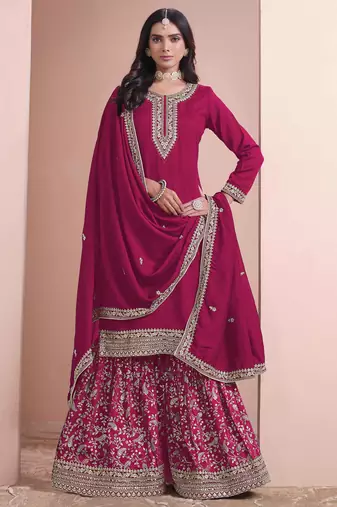 Raani pink art silk embroidery with sequins work top-palazzo with dupatta Full Stitched Free Size