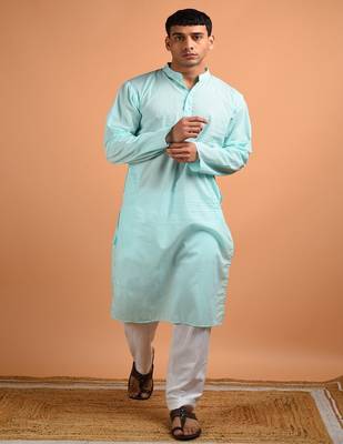 Blue plain cotton  kurta 1