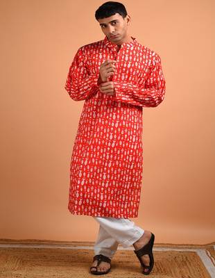 Red animal printed cotton  kurta 1