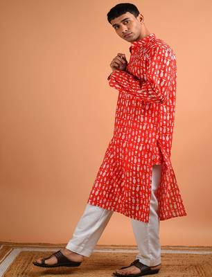 Red animal printed cotton  kurta 2