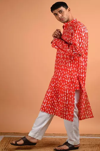 Red animal printed cotton  kurta