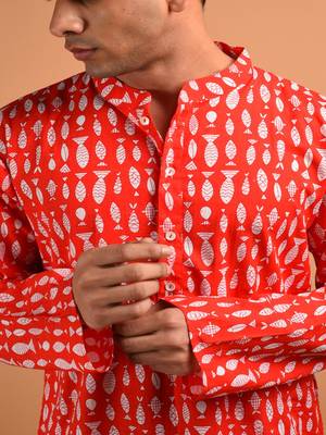 Red animal printed cotton  kurta 3