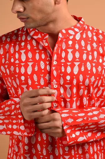 Red animal printed cotton  kurta