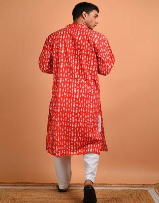 Red animal printed cotton  kurta 4