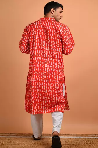Red animal printed cotton  kurta
