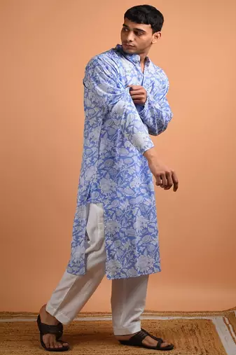 Blue floral printed cotton  kurta