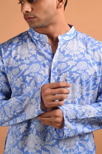 Blue floral printed cotton  kurta