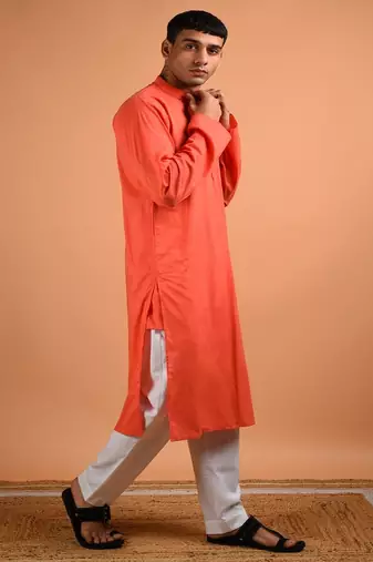 Orange plain cotton  kurta