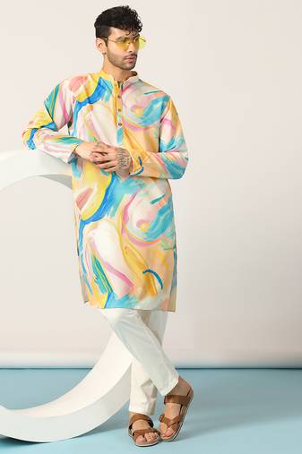 Yellow abstract printed kurta pant set – indian ethnic wear for weddings & festivals