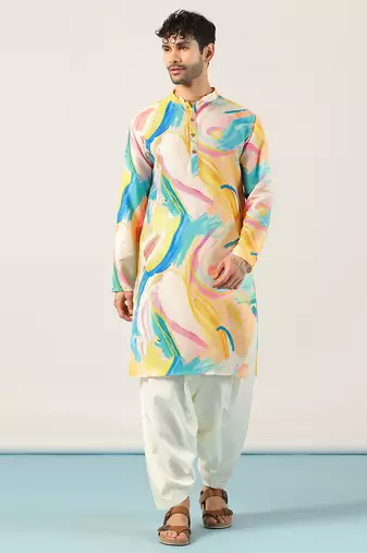 Yellow abstract printed kurta patiala set     traditional indian outfit for celebrations